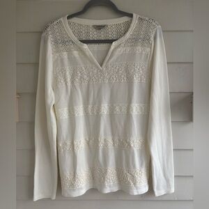 Lucky Brand Cream Boho Open Crochet Ribbed Long Sleeve Top Women’s Size Large